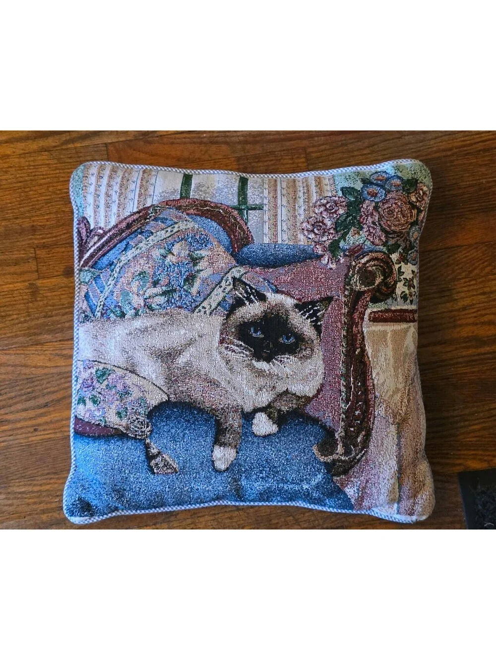 Vintage Siamese Cat Tapestry Throw Pillow 17x17 Blue Gingham Reverse